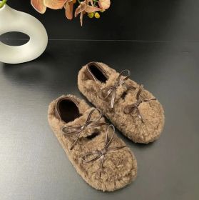 Autumn and winter women's light mouth fur and velvet bean shoes Fashion comfortable warm loafers casual women's shoes (Color: Khaki, size: 39)