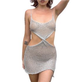 Women's Sexy Open Back Hollow Suspender Dress Bodycon Mini Nightclub Party Dress (Color: Silver, size: L)