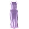 Women's Solid Color Patchwork Feather Satin halter dress Spaghetti Straps Cowl Neck Sexy Midi Dress