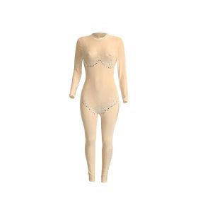 Ladies Sexy Mesh Perspective Hot Drill Long Sleeve Pants Romper (Color: Beige)