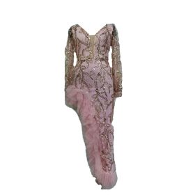 Women's Sequin Mesh Trailing Evening Dresses Sexy Split Pink Long Sleeve Party Gowns for Prom Dinner Wedding (Color: Pink, size: L)