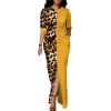 Women's Round Neck Leopard Print Stitching Long Dress High Waist Slim Fit Sexy Slit Dresses for Party Prom Dinner Business