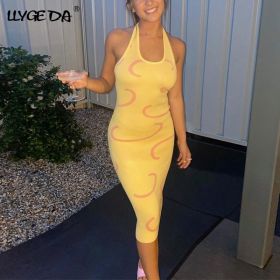 Knitted Halter Summer Dress Women U-Neck Sleeveless Backless Female Midi Lace Up Dresses 2021 Fashion Ladies Sexy Yellow Vestido (Color: Yellow, size: M)