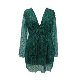 Women's V Neck Glitter Sequin Prom Dresses Sparkle Long Sleeve Short Skirt Evening Sexy Party Gowns Dinner (Color: Green, size: XL)