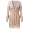 Women's V Neck Glitter Sequin Prom Dresses Sparkle Long Sleeve Short Skirt Evening Sexy Party Gowns Dinner