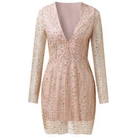 Women's V Neck Glitter Sequin Prom Dresses Sparkle Long Sleeve Short Skirt Evening Sexy Party Gowns Dinner (Color: Gold, size: XL)