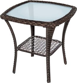 Outdoor Side Table;  Indoor Outdoor Glass Top Wicker Coffee Bistro Table;  All-Weather Patio Square Storage End Table;  Aluminum Frame;  20''x 20''x2 (Color: Brown)