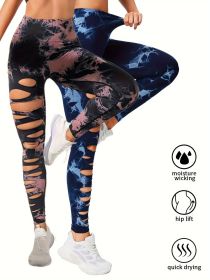 2 Pack Hollow Sexy High Elastic Women's Tie Dye Cutout Tights High Waist Workout Yoga Leggings, Scrunch Butt Lifting Elastic Pants, Tummy Control Butt (Color: 2PACK10, size: L)