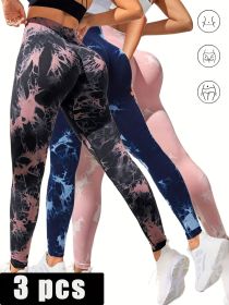 3 Pack Women's Tie Dye Cutout Tights High Waist Workout Yoga Leggings, Scrunch Butt Lifting Elastic Pants, Womens High Waist Yoga Pants Cutout Ripped (Color: 3PACK6, size: L)