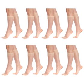 Transparent Sheer Knee High Socks for Women 8 Pairs 15 Denier Stay up Band Thin Sheer Nylon Stockings (Color: Light Skin)