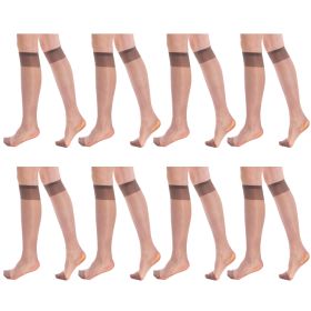 Transparent Sheer Knee High Socks for Women 8 Pairs 15 Denier Stay up Band Thin Sheer Nylon Stockings (Color: Mink)