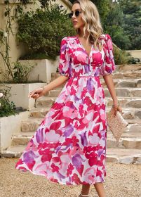 Dress 2023 Summer Foreign Trade Style Waist Collection V-neck Printed Long Dress (size: L)