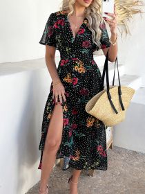 2025 Spring/Summer Bohemian Sexy Deep V Chiffon Printed Short sleeved Dress for Children (size: L)