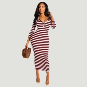 Sexy striped midi bodycon dress Women autumn winter female (Color: Navy blue, size: XL)