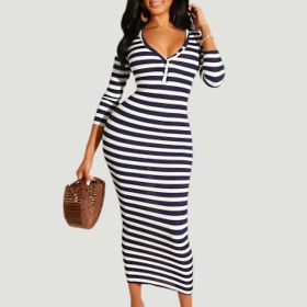 Sexy striped midi bodycon dress Women autumn winter female (Color: Burgundy, size: XL)