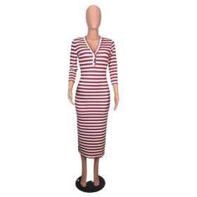 Sexy striped midi bodycon dress Women autumn winter female (Color: Burgundy, size: M)