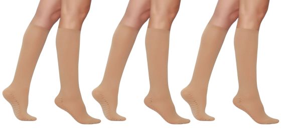 3 Pairs Women's Massage Nylon Sheer Knee High Stockings with Reinforced Toe (Color: Skin)