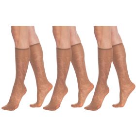 3 Pairs Sheer Knee High Socks for Women with Flower Patterned with Stay-Up Band (Color: Bronze)