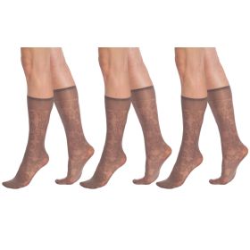 3 Pairs Sheer Knee High Socks for Women with Flower Patterned with Stay-Up Band (Color: Mink)