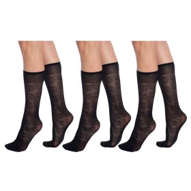 3 Pairs Sheer Knee High Socks for Women with Flower Patterned with Stay-Up Band (Color: Black)