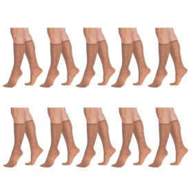 Sheer Knee High Socks for Women with Flower Patterned with Stay-Up Band One Size 10 Pairs (Color: Bronze)