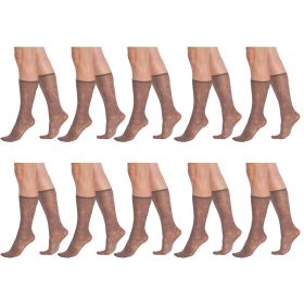 Sheer Knee High Socks for Women with Flower Patterned with Stay-Up Band One Size 10 Pairs (Color: Mink)