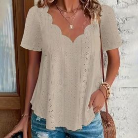 Womens Summer Scallop Trim V Neck Eyelet T-Shirt Short Sleeve Top Dressy Casual Tunic Blouses (Option: Khaki-S)