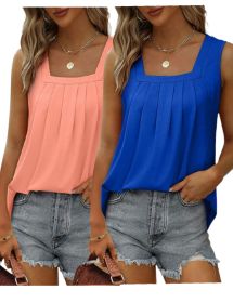 2-piece Women's Vest Pleated Square Neck Sleeveless Tuxedo Top (Option: Multicolored-2pcs-S)