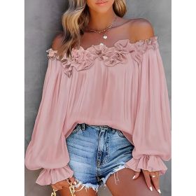Women's Summer Off Shoulder Top Ruffle Long Sleeve Blouse Casual Loose Shirts (Option: Pink-S)