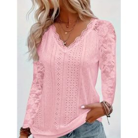 Fashionable Long-sleeved Lace-panel Hollow-out Top (Option: Pink-S)