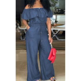 Solid Off Shoulder Tie Waist Jumpsuit Elegant Ruffle Trim Wide Leg Jumpsuit Women's Clothing (Option: Navy Blue-M)