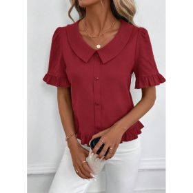 Women's Front-Button Petal-Sleeve Short-Sleeve Summer Fashion (Option: Wine Red-S)