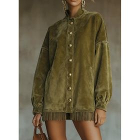 Velvet Fringed Hem Casual Stand-up Collar Button-down Loose Sweatshirt Dress (Option: Olive green-M)