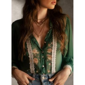 French Retro Style Lace Floral Print Shirt For Women (Option: Dark green-XXL)