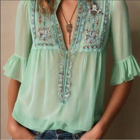 Floral Embroidery Shirts Women's V-neck Mid-sleeve Chiffon Blouse Casual Daily Office Clothing (Option: Green-XL)