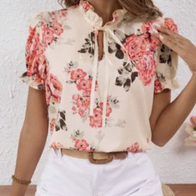 Ladies' Fashionable Casual Printed Lace Collar Lace Up Decorative Shirt Top (Option: MU-S)