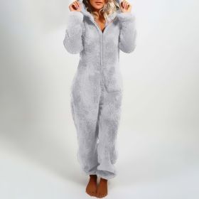 European And American Autumn Winter Women's Wear Fleece-lined Thick Furry Jumpsuit Hooded Cat Ear Pajamas (Option: Gray-M)