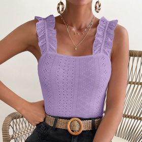 Womens Sleeveless Tank Tops Ruffle Strap Square Neck Eyelet Blouse Slim Fit (Option: Purple-XS)