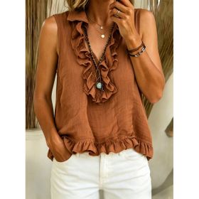Fashionable V-neck Ruffled Sleeveless Tank Top (Option: Dark Brown-M)