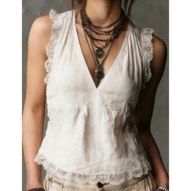 French Vintage Lace Trim Top (Option: OffWhite-M)