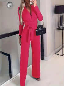 Women's Solid V-neck Bow Tie Waist Slimming Fashion Jumpsuit (Option: Red-S)