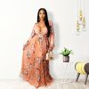 Women's Summer Sexy Big V-Neck Printed Long Skirt,Pleated Long Skirt
