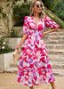 Dress 2023 Summer Foreign Trade Style Waist Collection V-neck Printed Long Dress