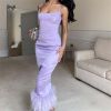 Women's Solid Color Patchwork Feather Satin halter dress Spaghetti Straps Cowl Neck Sexy Midi Dress