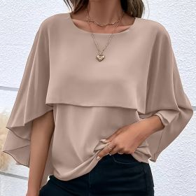 Women's Summer Chiffon Blouses Casual Scoop Neck Cape Sleeve Tunic Tops Shirts (Option: Khaki-S)