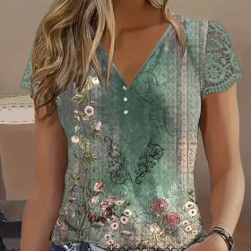 Ladies' Floral Print Fashionable Versatile Lace Patchwork Sleeves Elegant Style Short Sleeved Shirt Top (Option: MU-S)