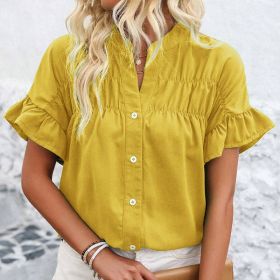 Womens Summer Ruffle Short Sleeve Button Down Shirts Dressy Casual V Neck Business Work Blouses (Option: Yellow-S)