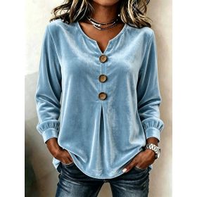 Elegant V-neck Buttoned Long-sleeve Velvet Blouse For Women (Option: Light Blue-S)