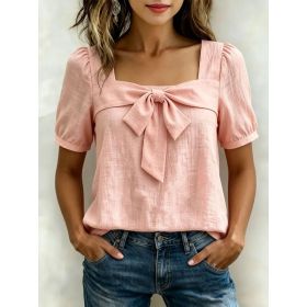 Womens Casual Square-neck Top With A Bow (Option: Pink-S)