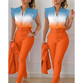 Printed Ruffle Sleeve Top Solid Color Pants Suit With Belt (Option: Orange color-XL)